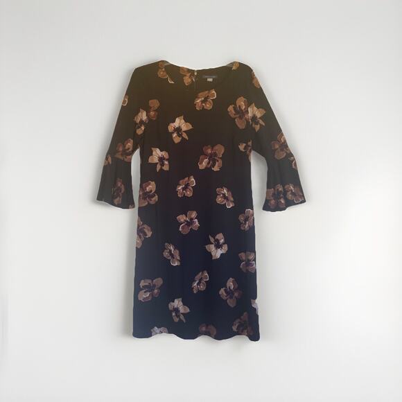 Tommy Hilfiger Size 12 Black Dress Brown Flowers 3/4 Sleeves Fall Colors EUC - Picture 1 of 11